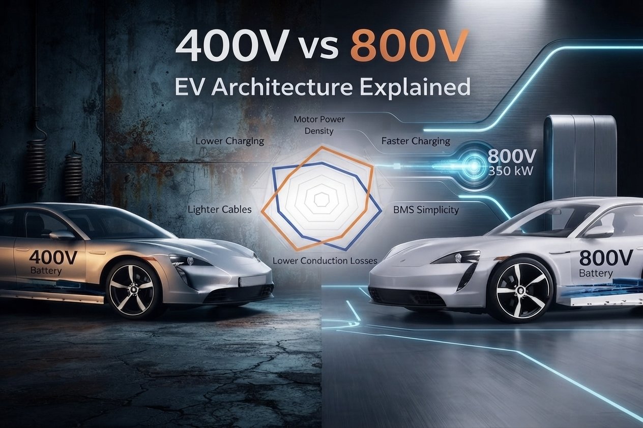 Comparativa de arquitectura de 400V y 800V en un coche eléctrico y cómo el voltaje afecta a la intensidad, el calor y la velocidad de carga