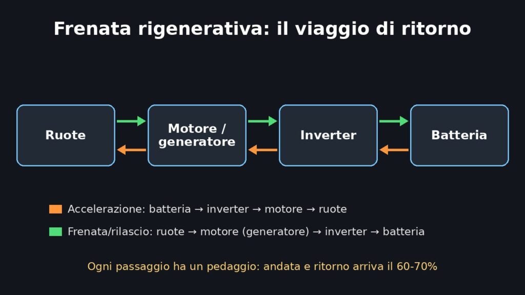 Schema del flusso di energia della frenata rigenerativa in un'auto elettrica, dalle ruote al motore, inverter e batteria