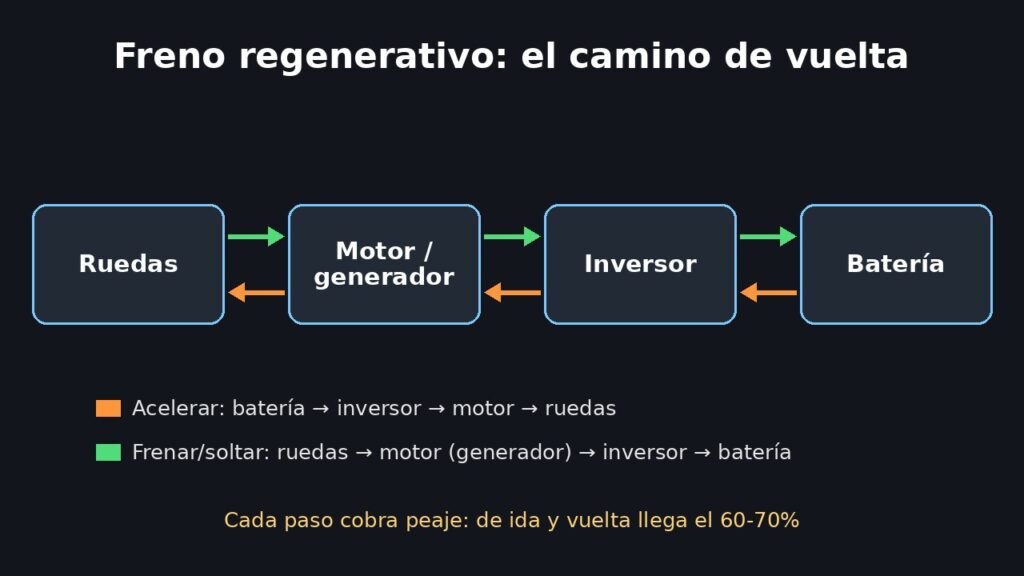 Esquema del flujo de energía del freno regenerativo en un coche eléctrico, de las ruedas al motor, inversor y batería
