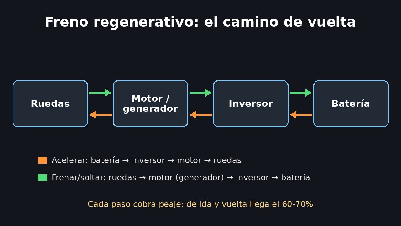 Esquema del flujo de energía del freno regenerativo en un coche eléctrico, de las ruedas al motor, inversor y batería